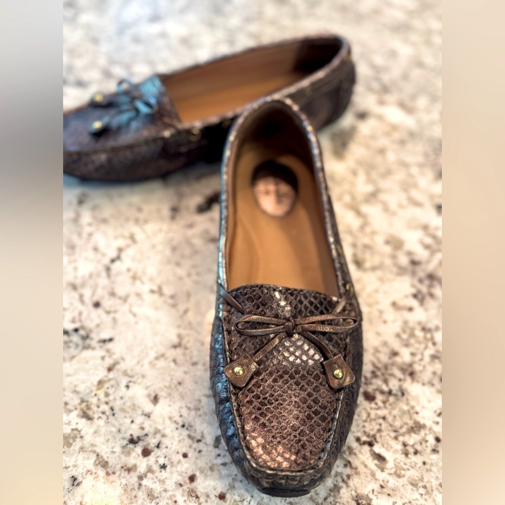 Clarks Bronze Leather Flats with Bows